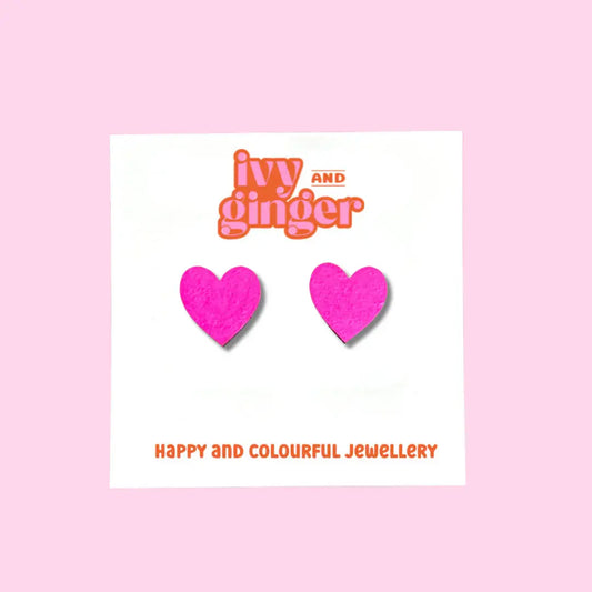 Neon Pink Heart Stud Earrings – Handmade, Lightweight, Hypoallergenic