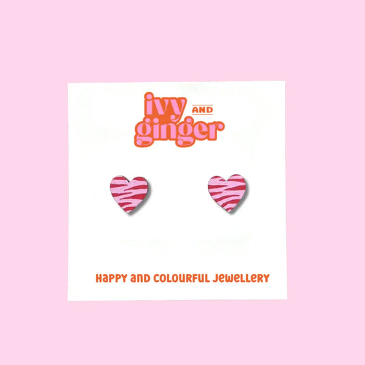 Neon Pink Zebra Heart Stud Earrings – Handmade, Lightweight, Hypoallergenic