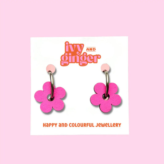 Neon Pink Flower Hoop Earrings – Hand Painted & Lightweight