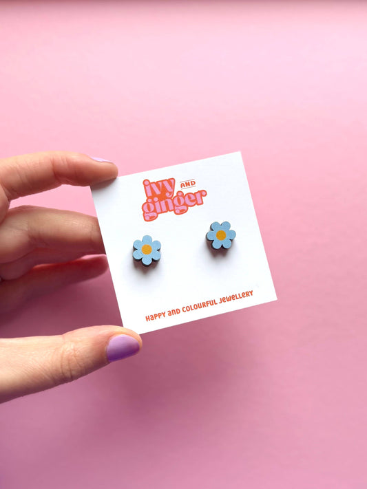 Blue Daisy Midi Stud Earrings – Lightweight & Handmade