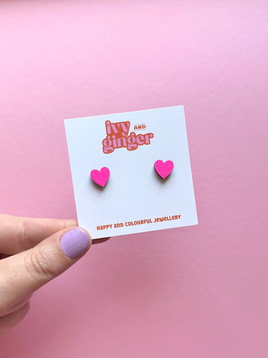 Neon Pink Heart Stud Earrings – Handmade, Lightweight, Hypoallergenic