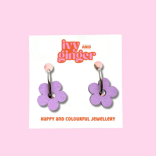 Lilac Flower Dangle Hoop Earrings – Hand Painted in the UK
